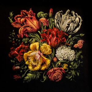 Logan Hicks artwork featuring a detailed bouquet of colorful flowers on a black background